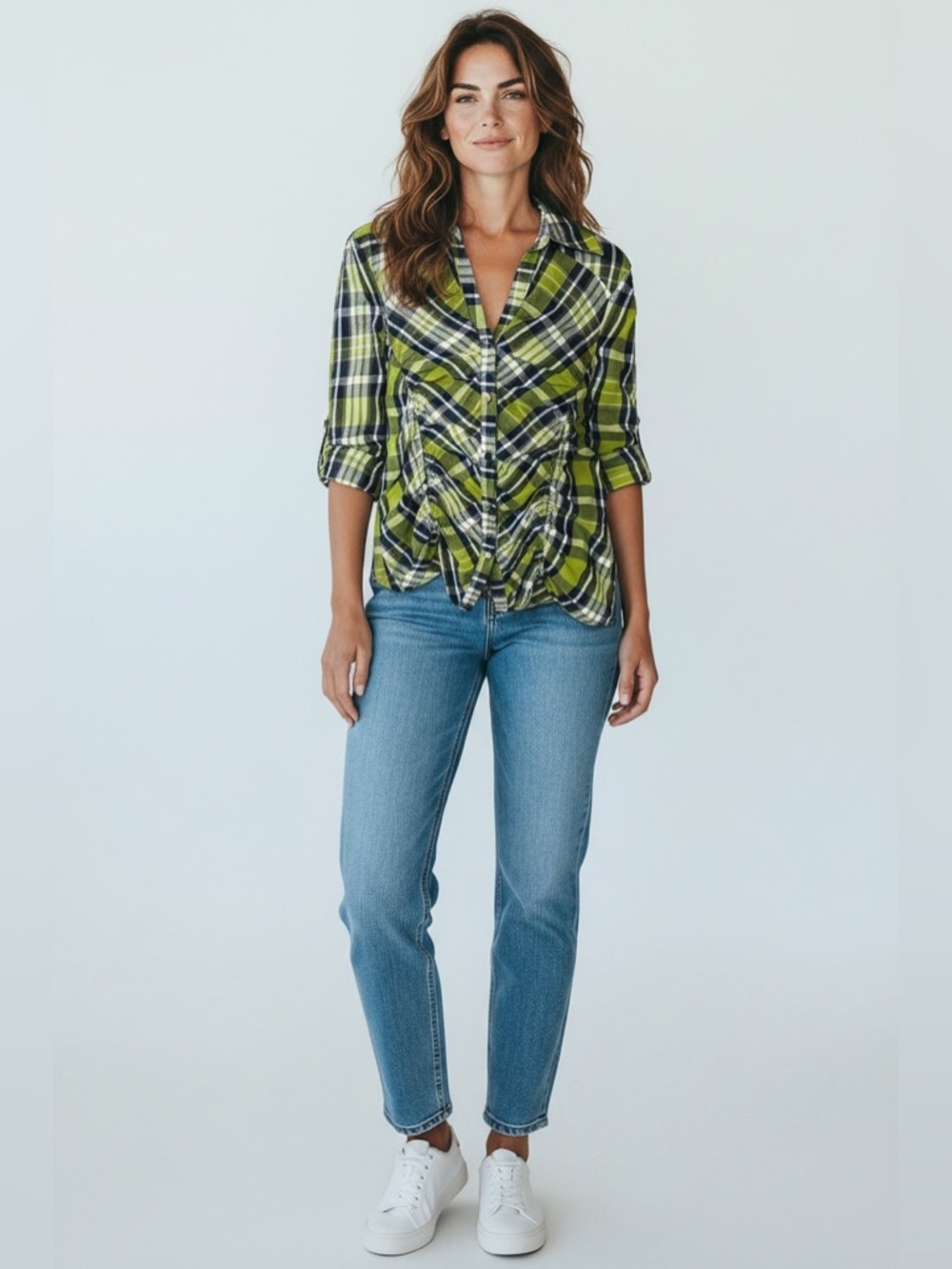 paper tee Green Navy Plaid Ruching Button-Up Shirt
